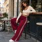 Pantalones deportivos chic de mujer con cordón de rayas, pantalones casuales retro de poliéster rectos para ropa deportiva de gimnasio, pantalones con cordón, pantalones largos