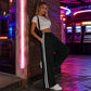 Pantalones deportivos chic de mujer con cordón de rayas, pantalones casuales retro de poliéster rectos para ropa deportiva de gimnasio, pantalones con cordón, pantalones largos
