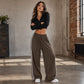 Pantalones deportivos chic de mujer con cordón de rayas, pantalones casuales retro de poliéster rectos para ropa deportiva de gimnasio, pantalones con cordón, pantalones largos
