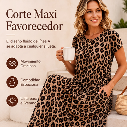 Vestido largo de mujer con estampado de leopardo y bolsillos, vestido largo casual de manga corta