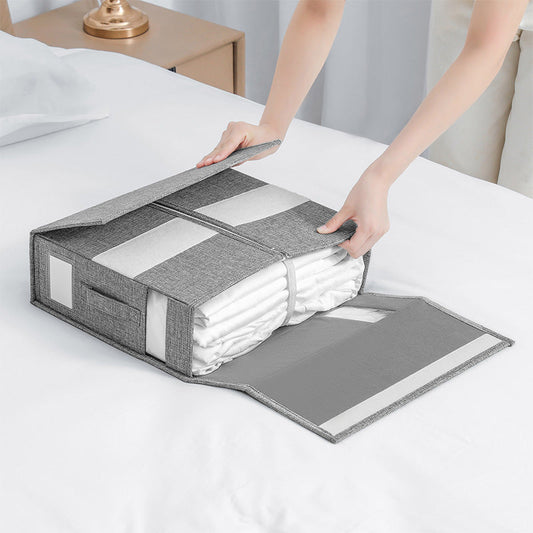 🎁 ¡50% de Descuento! 🛏️ Caja Organizadora Plegable para Juegos de Sábanas – Tela Tipo Lino, Ventana Transparente y Cierre para Ropa de Cama Queen/King 📦