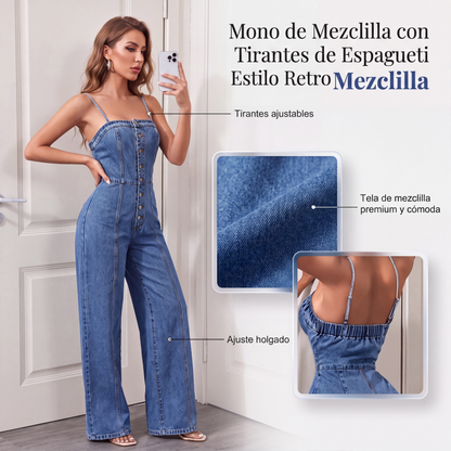 Mono vaquero de pierna ancha con tirantes finos para mujer