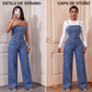 Mono vaquero de pierna ancha con tirantes finos para mujer