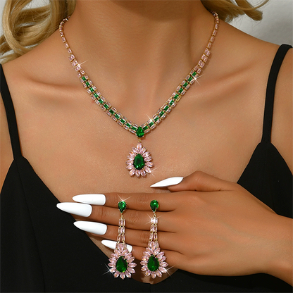 🎉 ¡TIEMPO LIMITADO 50% DE DESCUENTO! 💎 Set de joyería de zircon – Collar y pendientes drop para mujer – Diseño rosa y verde, base ✨ premium de cobre