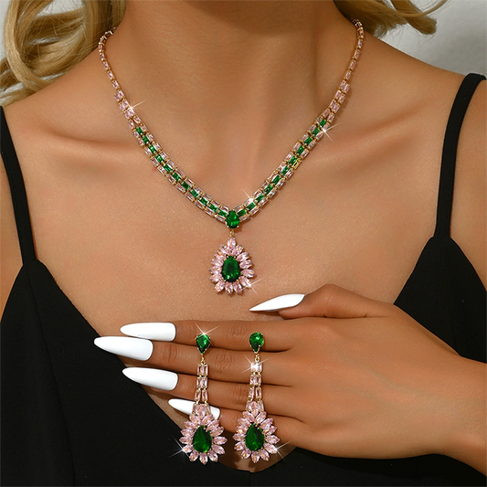 🎉 ¡TIEMPO LIMITADO 50% DE DESCUENTO! 💎 Set de joyería de zircon – Collar y pendientes drop para mujer – Diseño rosa y verde, base ✨ premium de cobre