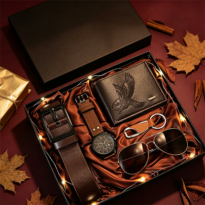 Set de Regalo para Hombre 7 Piezas con Reloj, Cartera, Cinturón, Lentes y Llavero