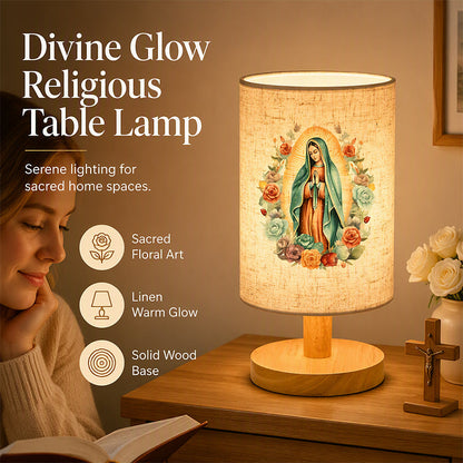 ✨ Lámpara de Mesa de Madera con Patrón de la Virgen María 🕊️