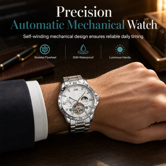 Reloj Mecánico Automático para Hombre – Carátula Esqueleto Luminosa, Resistente al Agua y Extensible de Acero Inoxidable