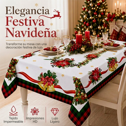 🎄🍽️ Mantel navideño de poliéster – Impermeable, reutilizable y disponible en 7 tamaños