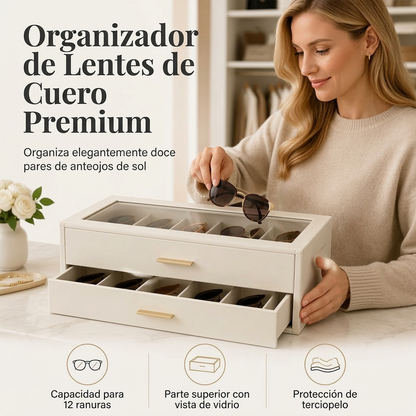 Caja organizadora de gafas de sol de 2 niveles con tapa de cristal transparente para exhibición