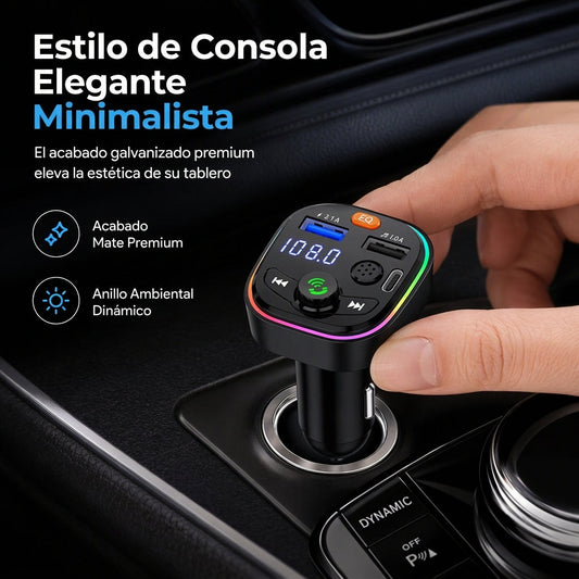 Transmisor FM Bluetooth para Coche Reproductor MP3 y Carga Rápida PD Puertos USB Duales y Luz de Ambiente