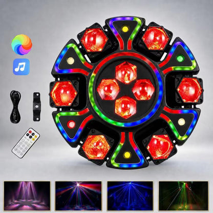 🎉 ¡50% DE DESCUENTO POR TIEMPO LIMITADO! 💡 Luz giratoria para escenario tipo ojo de abeja RGBW con control remoto – 6 brazos, efectos láser y estrobo ✨