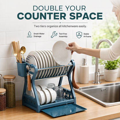 Escurridor de Platos Vertical de 2 Niveles con Charola Deslizable