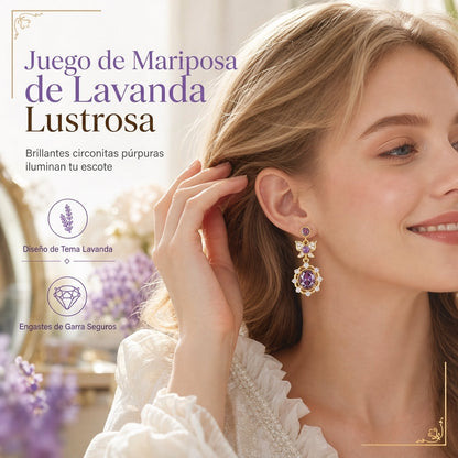 ⏳🔥 ¡50% DE DESCUENTO! 💜 Juego de joyas de mariposa con circonita color púrpura lavanda – Anillo ajustable y aretes ✨