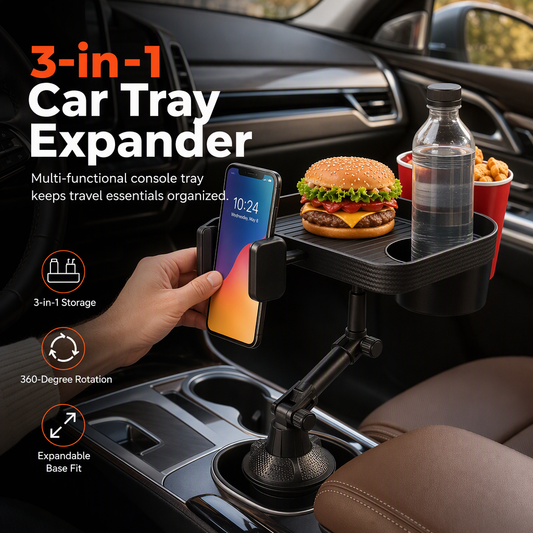 Organizador 3 en 1 para Auto: Bandeja, Portavasos y Soporte para Celular