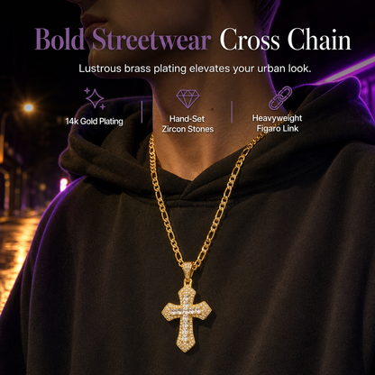Collar con Dije de Cruz Hip Hop Doble Capa y Cadena Fígaro – Circonias Baguette