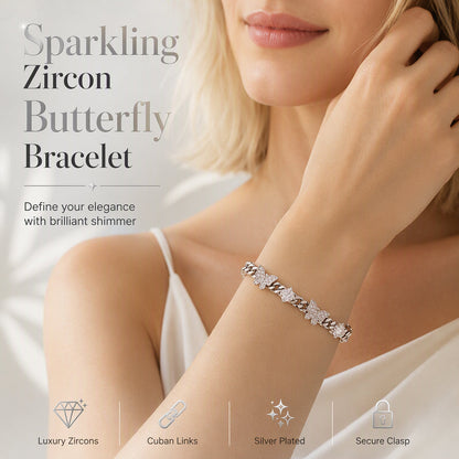 Pulsera Cubana de Mariposas con Circonias Pavé – Cadena Plateada para Mujer