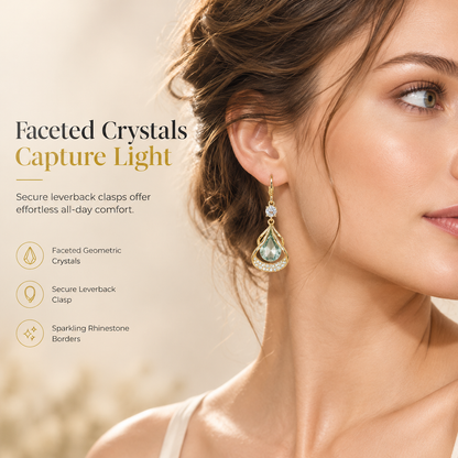 Aretes Colgantes Elegantes con Cristales en Forma de Gota y Pedrería