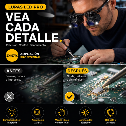 🔍💡 PROMOCIÓN FLASH: ¡50% DE DESCUENTO! Lupa Frontal de Precisión con Iluminación LED – Lentes Ópticas Intercambiables de 2× a 25×, Montura Ligera y Cómoda, Manos Libres para Sus Trabajos Minuciosos de Relojería, Electrónica y Artesanía ✨