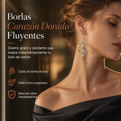 Aretes Largos Dorados de Doble Corazón con Flecos y Pedrería Brillante