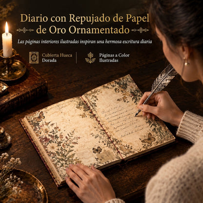 Cuaderno Vintage de Tapa Dura Estilo Europeo con Portada Calada y Páginas Ilustradas a Color