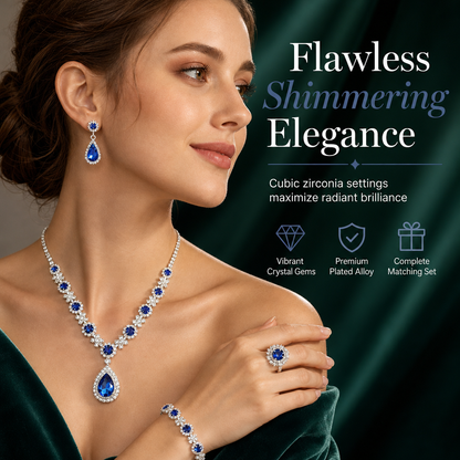 Juego de Joyería Fina de Cristal Gota con Collar, Aretes, Pulsera y Anillo para Mujer