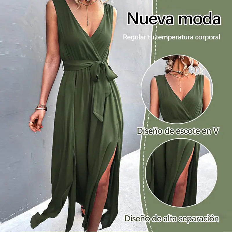 Vestido dividido de cuello en V francés benefiyou