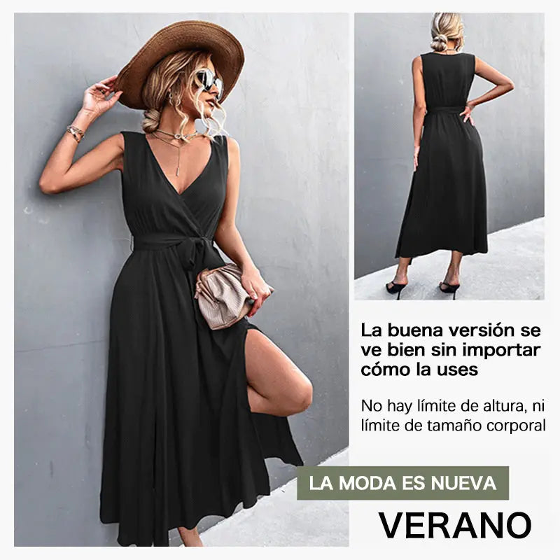 Vestido dividido de cuello en V francés benefiyou